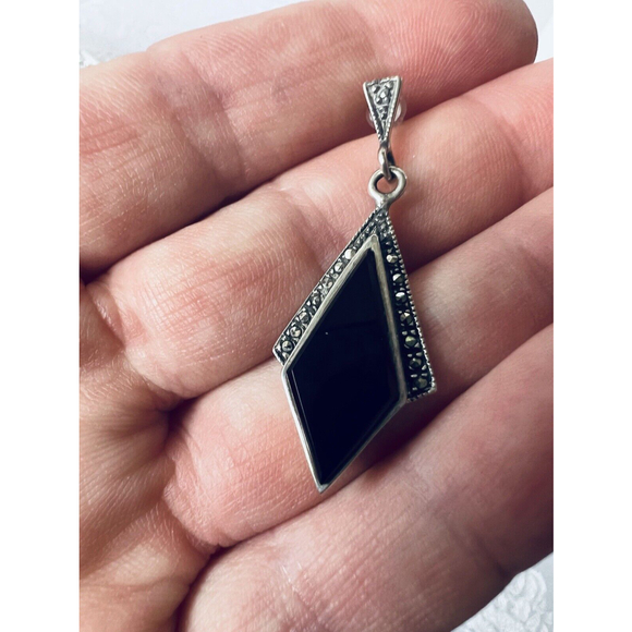 Vintage Sterling Silver, Black Onyx and Marcasite Post Earrings 1.5 Inch - Picture 3 of 4